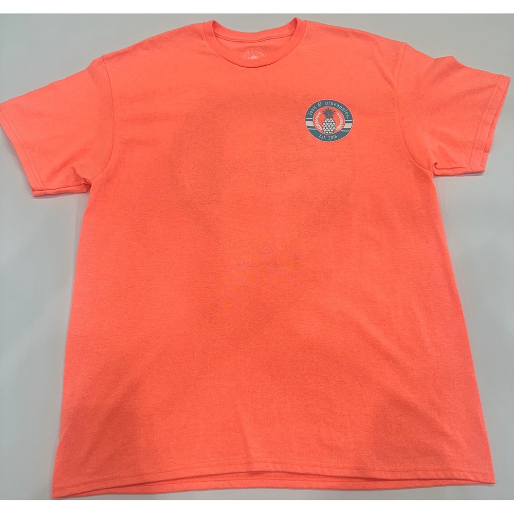 Love & Pineapples Womens Graphic T-Shirt Neon Coral Palm Trees Sunset Large